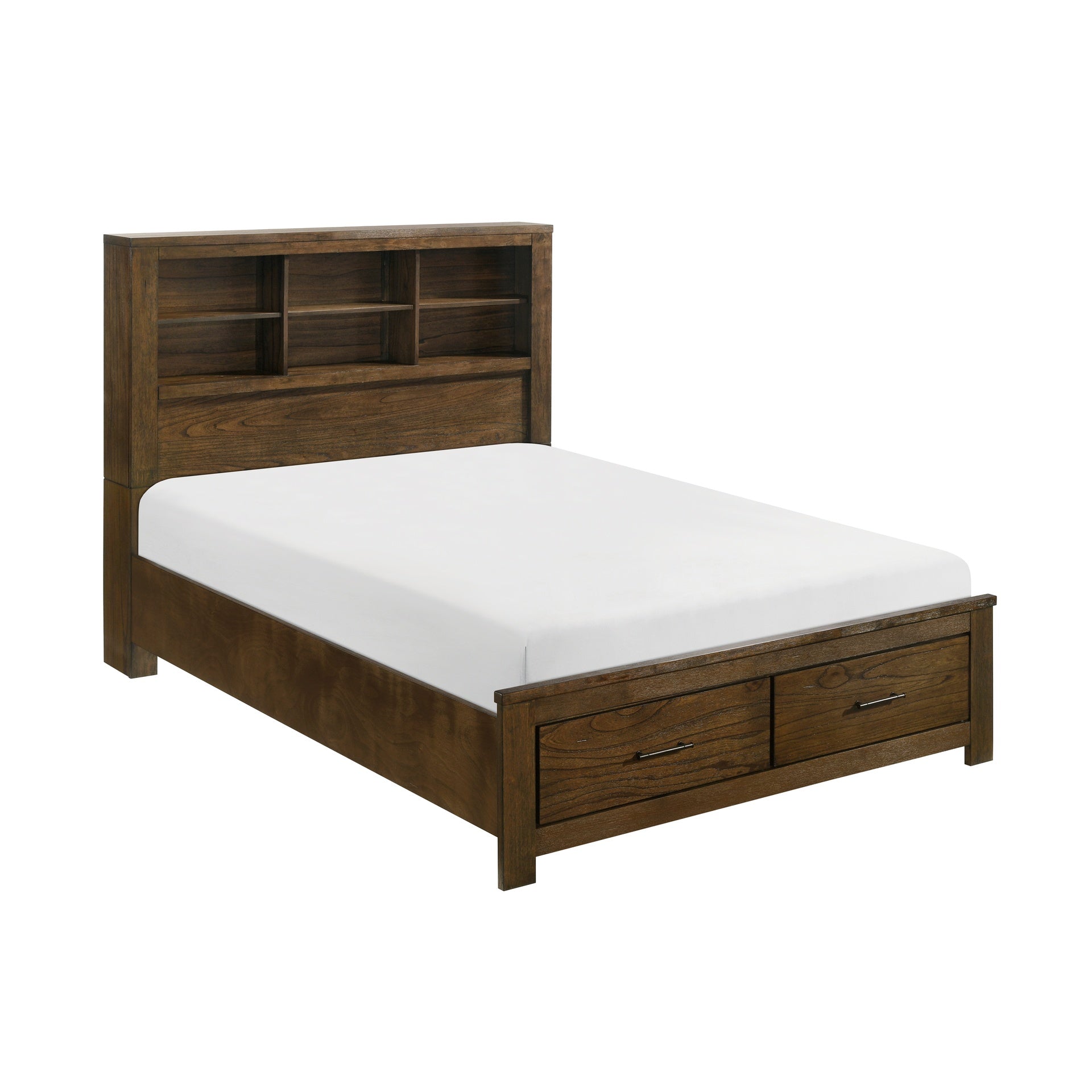 Queen Platform Bed with Drawers Storage Headboard Bookcase Wooden Bedroom Furniture 1pc Wire Brushed Oak Finish