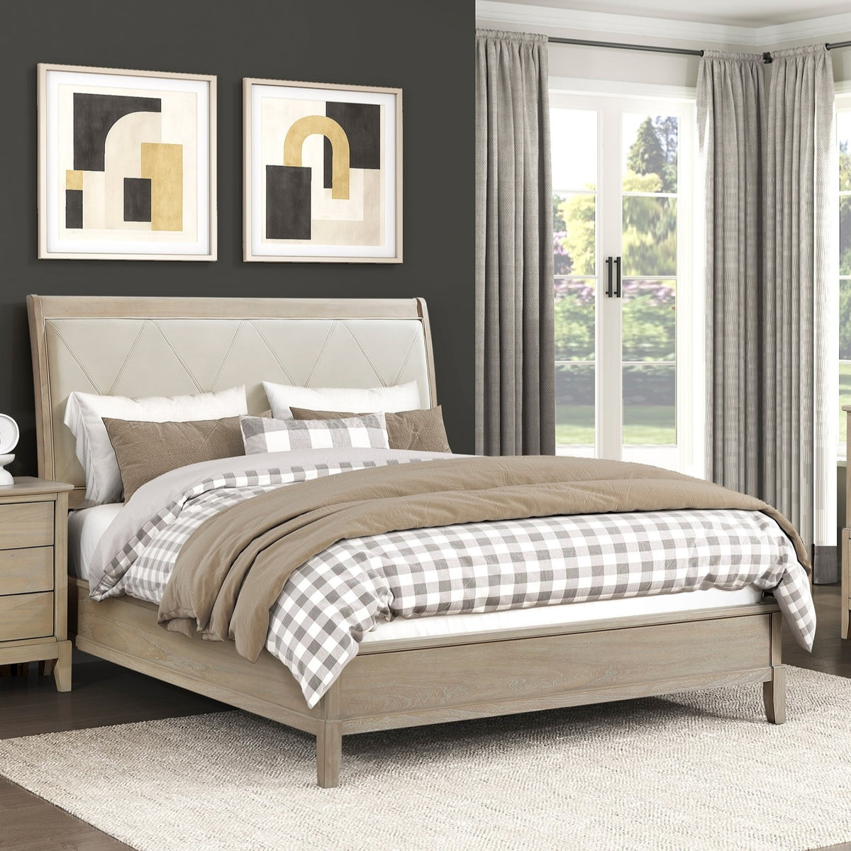 Classic Farmhouse Style Queen Bed Upholstered Headboard Beige Finish Wooden Bedroom Furniture 1pc