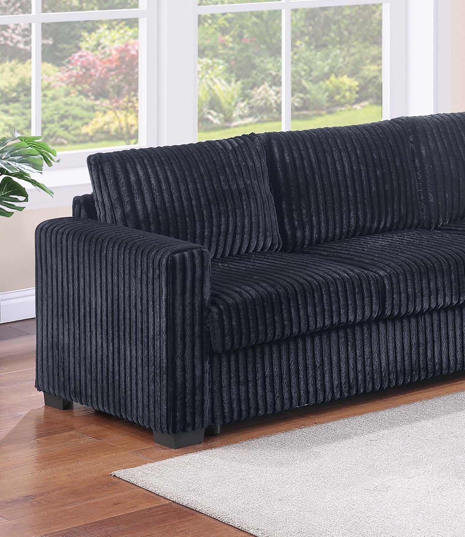 Black Finish L-Shaped Sectional Set 4pc One Arm Loveseat Armless Chair Corner Wedge Cushion Back Plastic Leg Corduroy Upholstered Primary Living Room