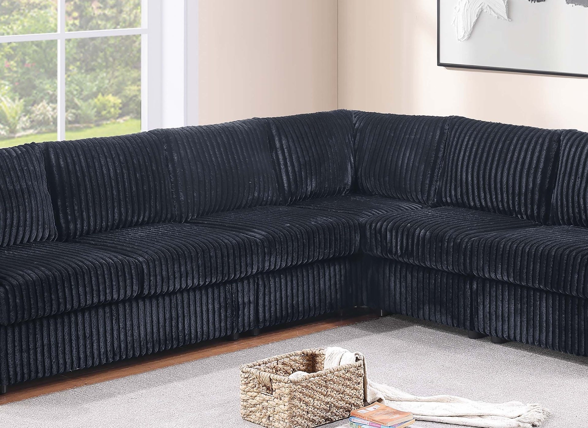 Black Finish L-Shaped Sectional Set 4pc One Arm Loveseat Armless Chair Corner Wedge Cushion Back Plastic Leg Corduroy Upholstered Primary Living Room