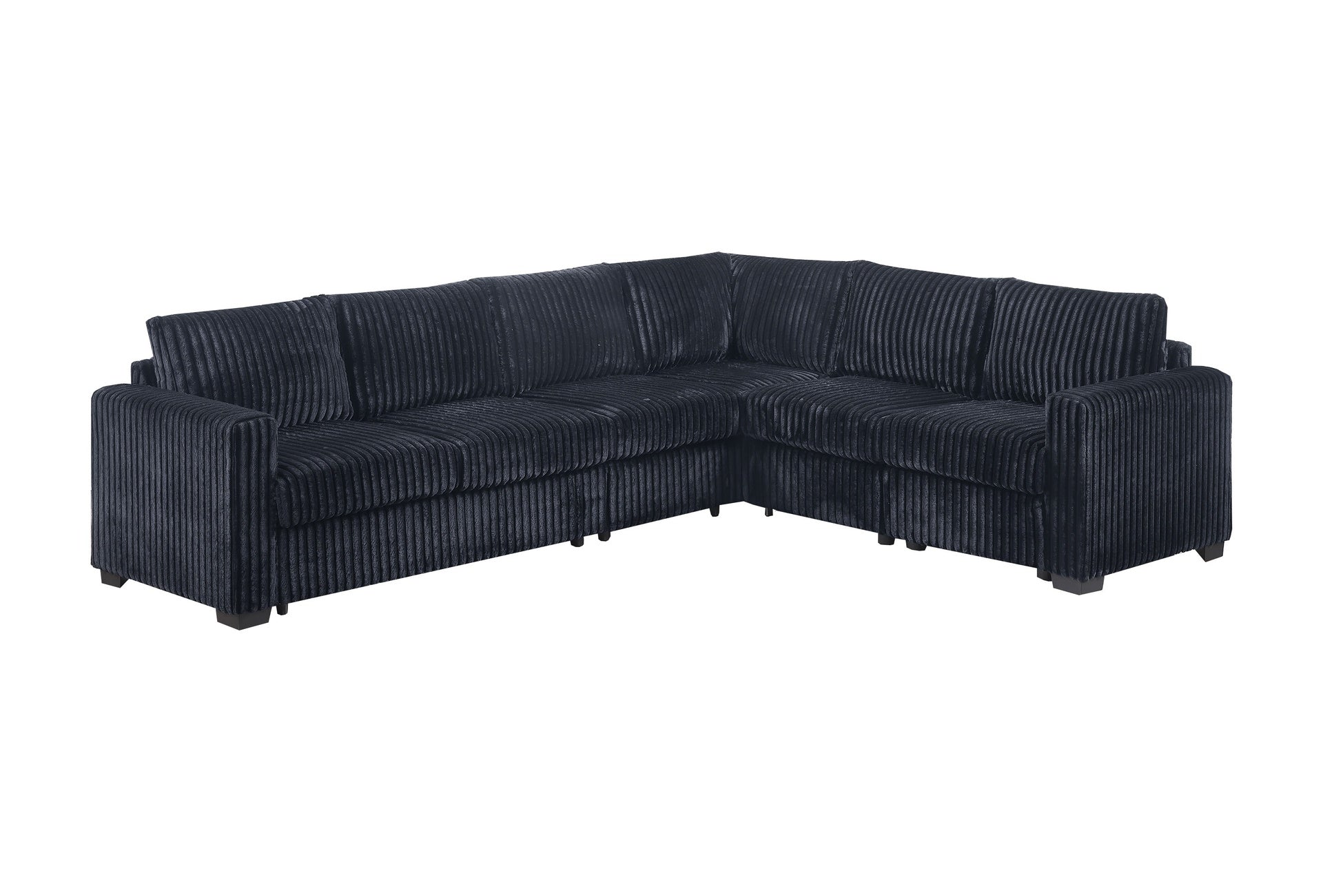 Black Finish L-Shaped Sectional Set 4pc One Arm Loveseat Armless Chair Corner Wedge Cushion Back Plastic Leg Corduroy Upholstered Primary Living Room