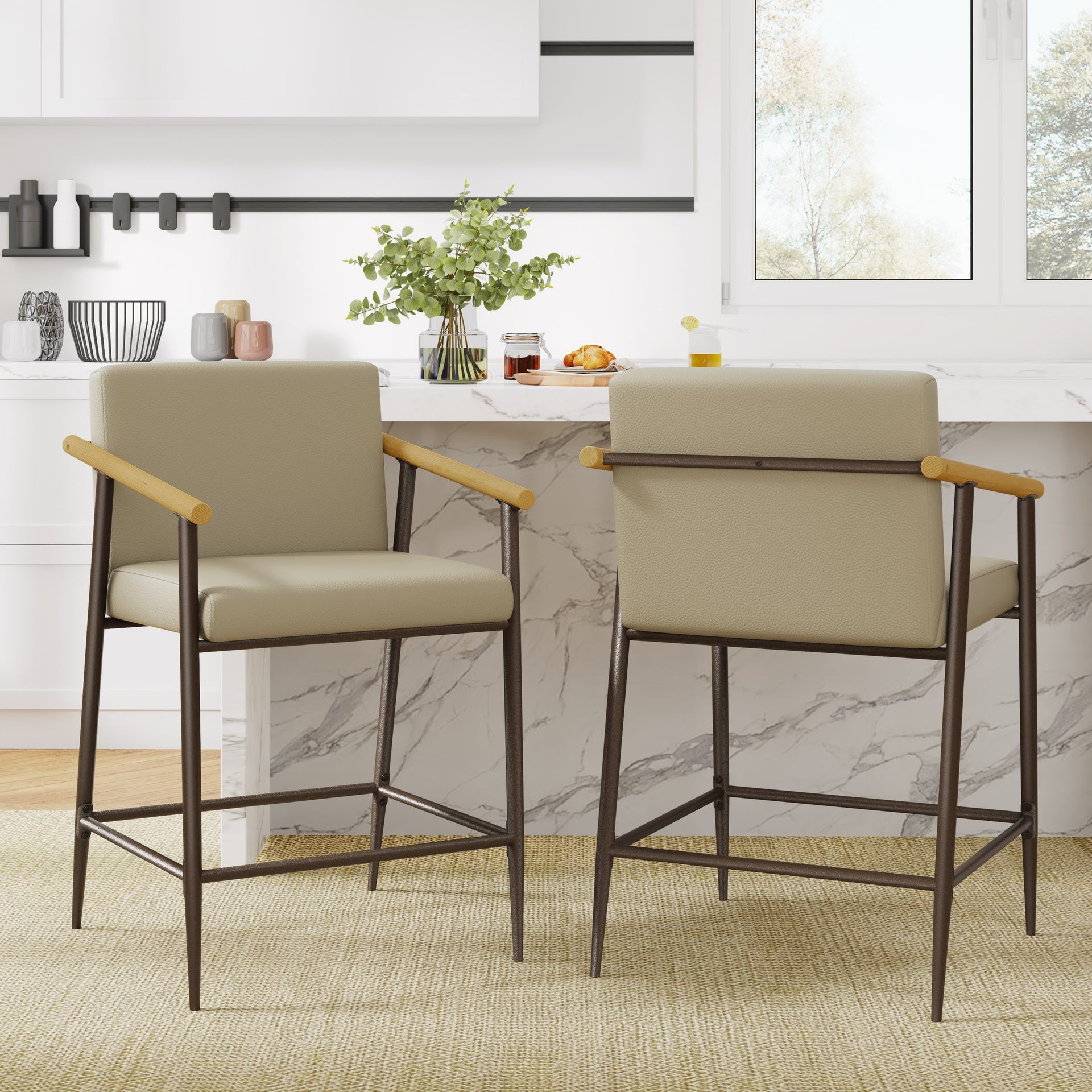 Counter Stool with iron frame-Set of 2-Espresso+Khaki