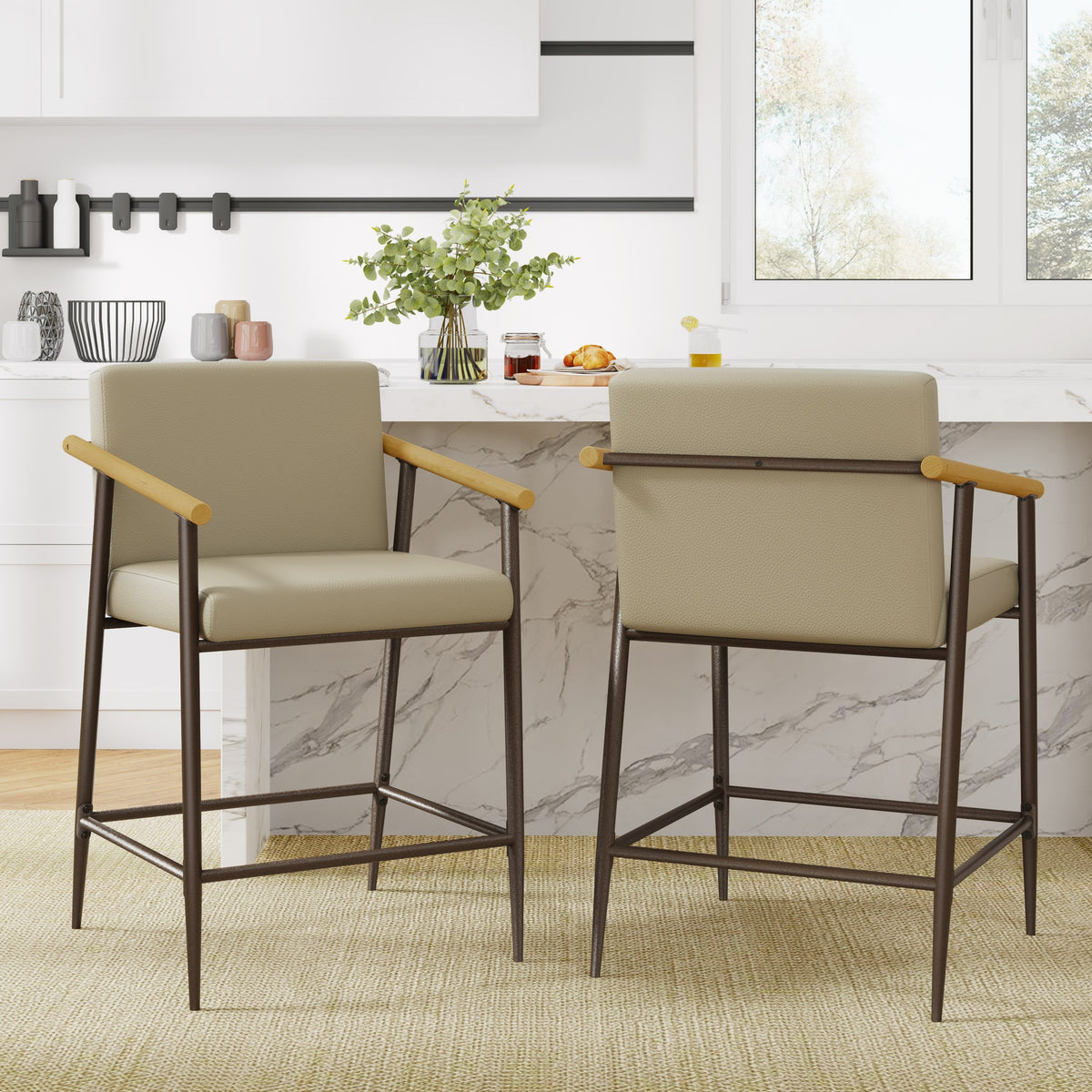 Counter Stool with iron frame-Set of 2-Espresso+Khaki