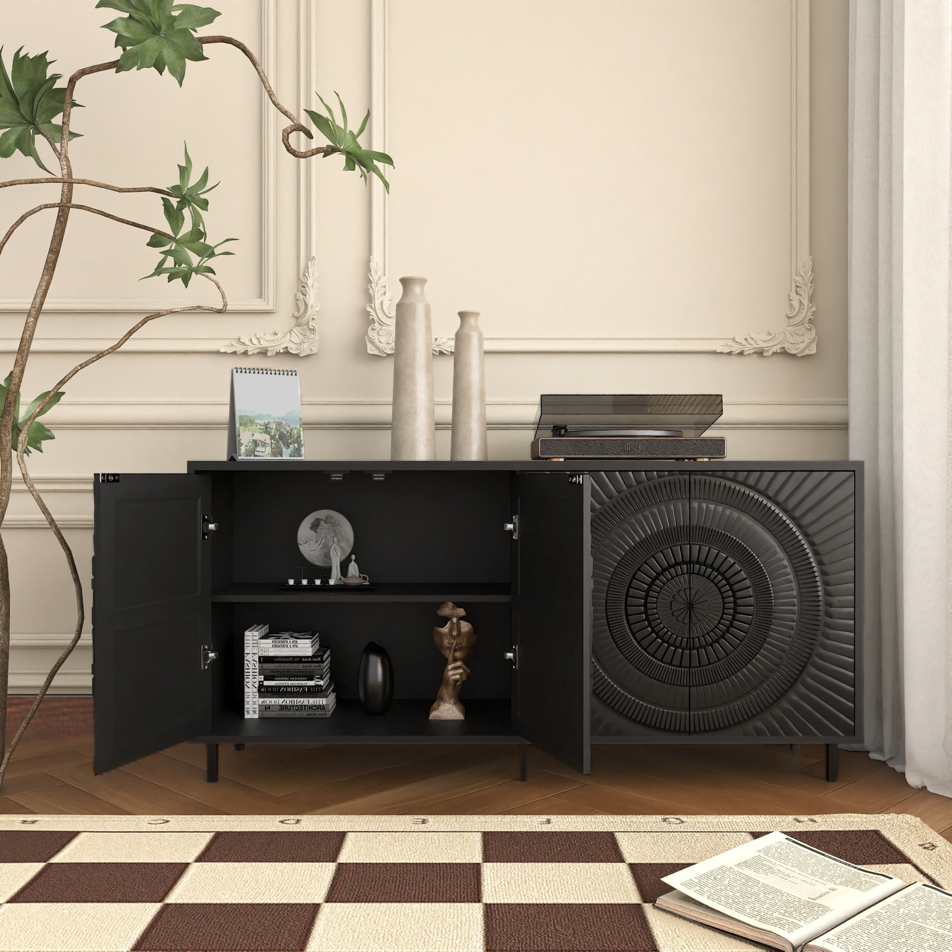Modern Black Wood Sideboard Buffet Accent Bedroom Media Hallway Curio Kitchen Hutch Storage Cabinet Home Furniture For Dining Room,Living Room,Kitchen(BLACK)