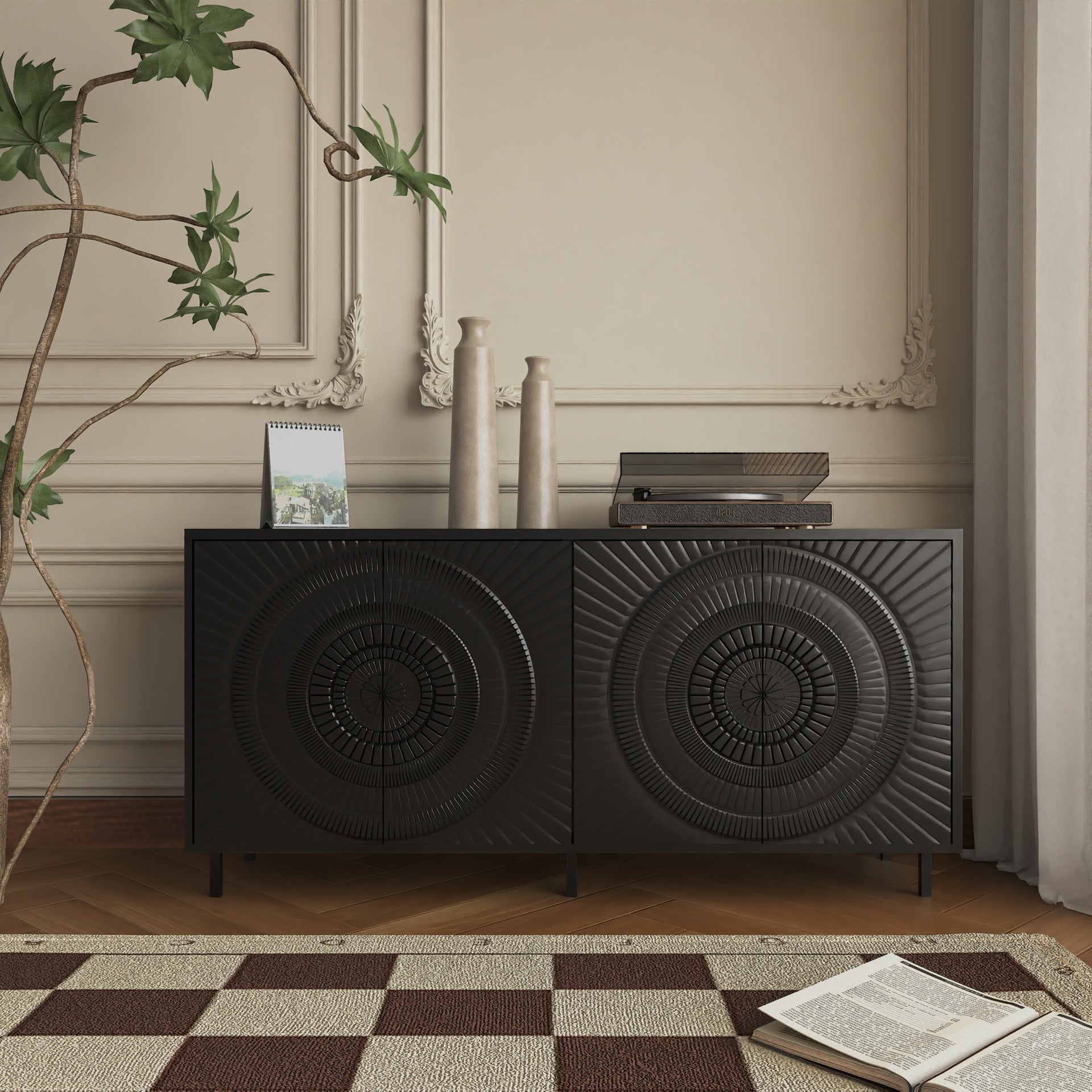 Modern Black Wood Sideboard Buffet Accent Bedroom Media Hallway Curio Kitchen Hutch Storage Cabinet Home Furniture For Dining Room,Living Room,Kitchen(BLACK)