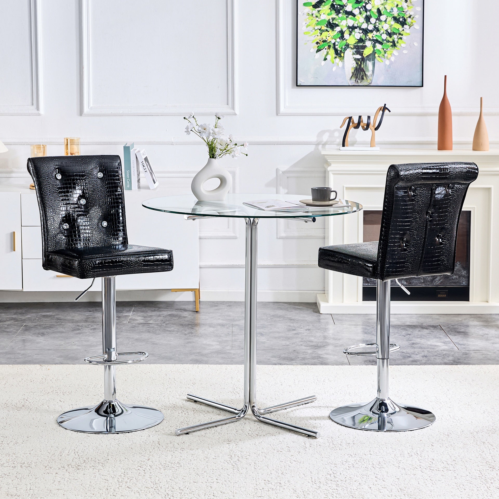 A set of 2 black vintage crocodile leather lift bar chairs, featuring crystal clasp design and synthetic leather design, adding a touch of elegance and mystery to the dining area