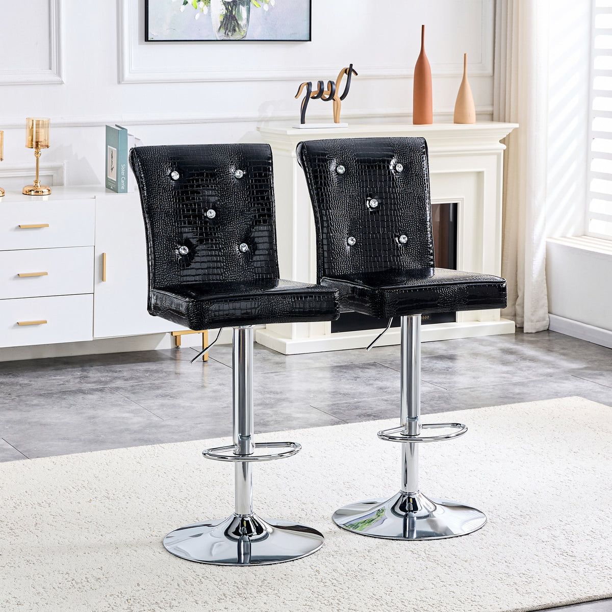 A set of 2 black vintage crocodile leather lift bar chairs, featuring crystal clasp design and synthetic leather design, adding a touch of elegance and mystery to the dining area