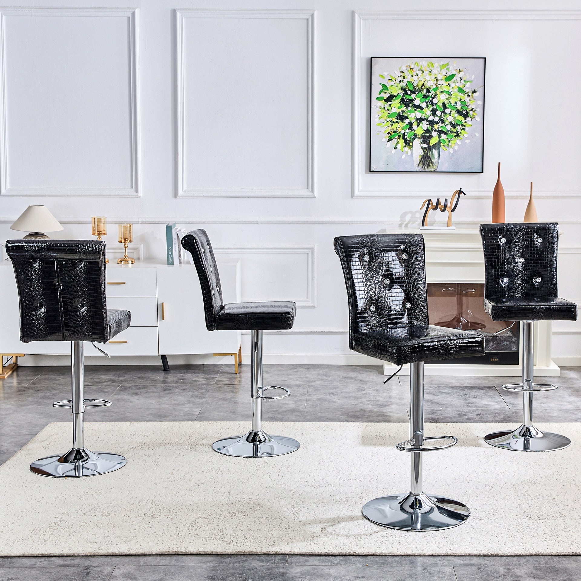 A set of 2 black vintage crocodile leather lift bar chairs, featuring crystal clasp design and synthetic leather design, adding a touch of elegance and mystery to the dining area