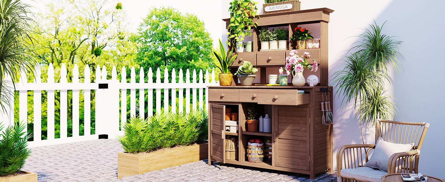 [Assembly Video Provided] TOPMAX 65.7'' H Tall Garden Potting Bench Table with Hutch,Patio Storage Workstation with 3 Shelves,6 Drawers,2 Bottom Cabinets&Side Hooks for Mudroom,Doorway, Brown