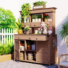 [Assembly Video Provided] TOPMAX 65.7'' H Tall Garden Potting Bench Table with Hutch,Patio Storage Workstation with 3 Shelves,6 Drawers,2 Bottom Cabinets&Side Hooks for Mudroom,Doorway, Brown
