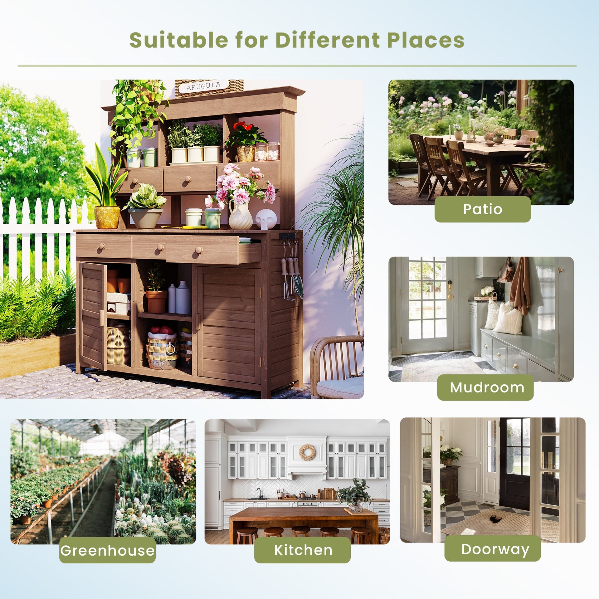 [Assembly Video Provided] TOPMAX 65.7'' H Tall Garden Potting Bench Table with Hutch,Patio Storage Workstation with 3 Shelves,6 Drawers,2 Bottom Cabinets&Side Hooks for Mudroom,Doorway, Brown