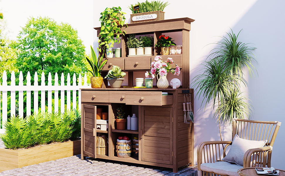 [Assembly Video Provided] TOPMAX 65.7'' H Tall Garden Potting Bench Table with Hutch,Patio Storage Workstation with 3 Shelves,6 Drawers,2 Bottom Cabinets&Side Hooks for Mudroom,Doorway, Brown