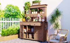 [Assembly Video Provided] TOPMAX 65.7'' H Tall Garden Potting Bench Table with Hutch,Patio Storage Workstation with 3 Shelves,6 Drawers,2 Bottom Cabinets&Side Hooks for Mudroom,Doorway, Brown