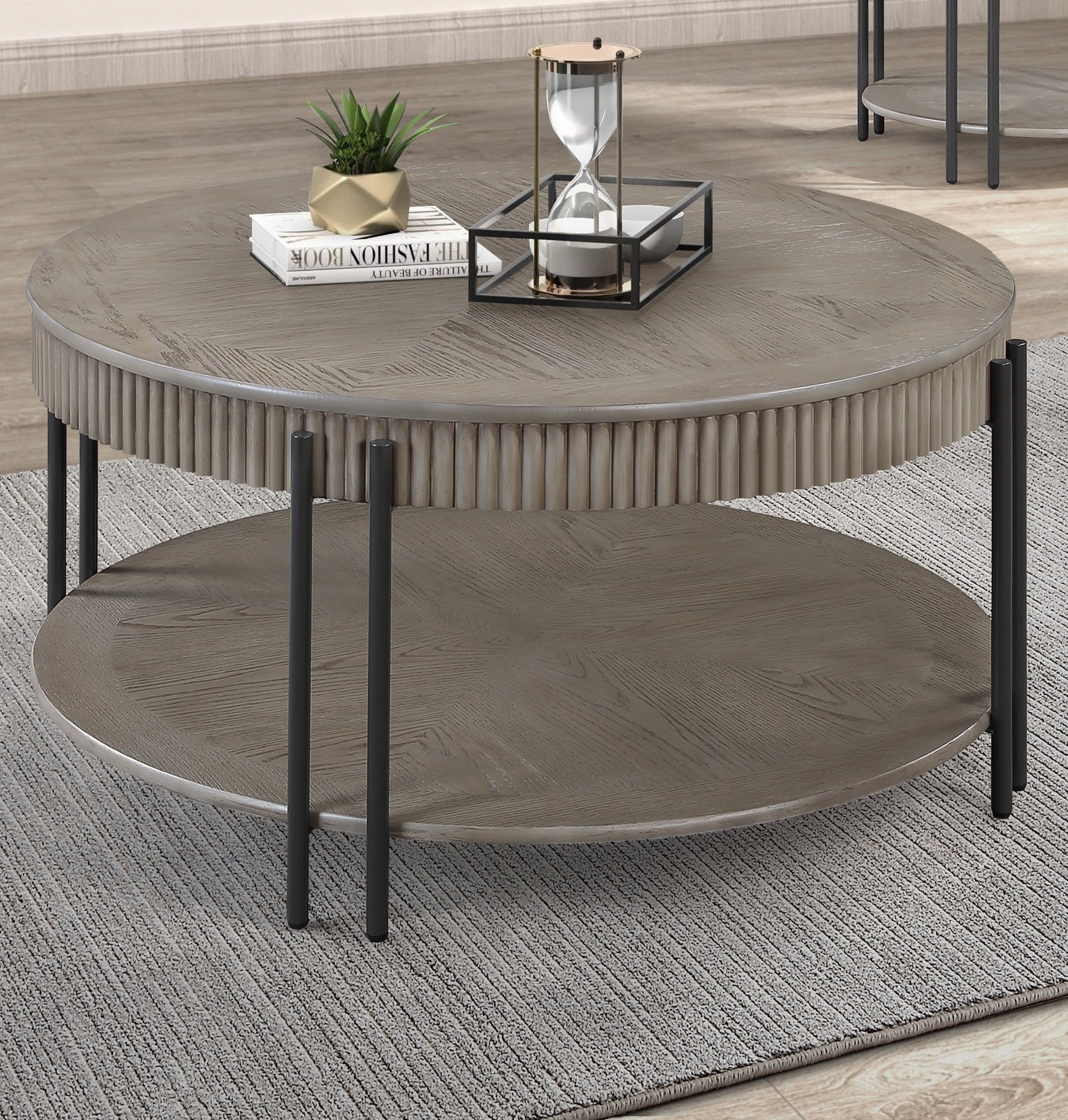 1pc Contemporary Round Coffee Table with Storage Shelf Black Brown Tan / Beige Finish Living Room Wooden Modern Furniture