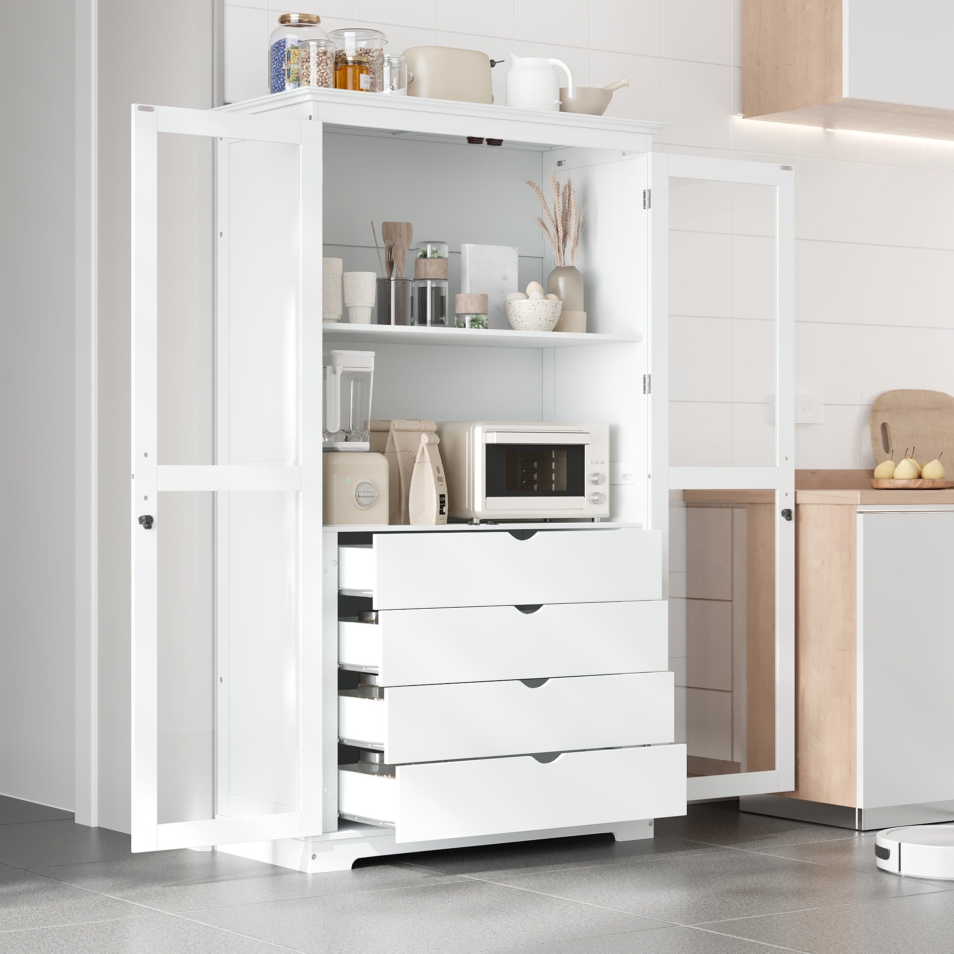 TOPMAX 44.7x20x75inch Kitchen Pantry, Freestanding Kitchen Storage Cabinet Display Cabinet with Glass Doors and 4 Built-in Drawers for Living Room, Home Office, White