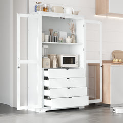 TOPMAX 44.7x20x75inch Kitchen Pantry, Freestanding Kitchen Storage Cabinet Display Cabinet with Glass Doors and 4 Built-in Drawers for Living Room, Home Office, White