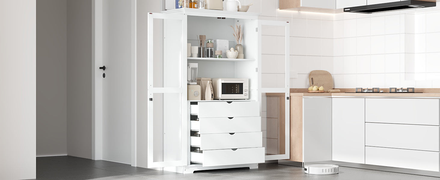 TOPMAX 44.7x20x75inch Kitchen Pantry, Freestanding Kitchen Storage Cabinet Display Cabinet with Glass Doors and 4 Built-in Drawers for Living Room, Home Office, White