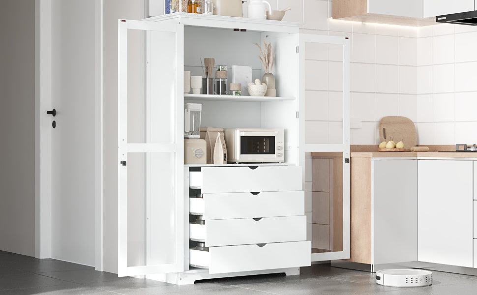 TOPMAX 44.7x20x75inch Kitchen Pantry, Freestanding Kitchen Storage Cabinet Display Cabinet with Glass Doors and 4 Built-in Drawers for Living Room, Home Office, White