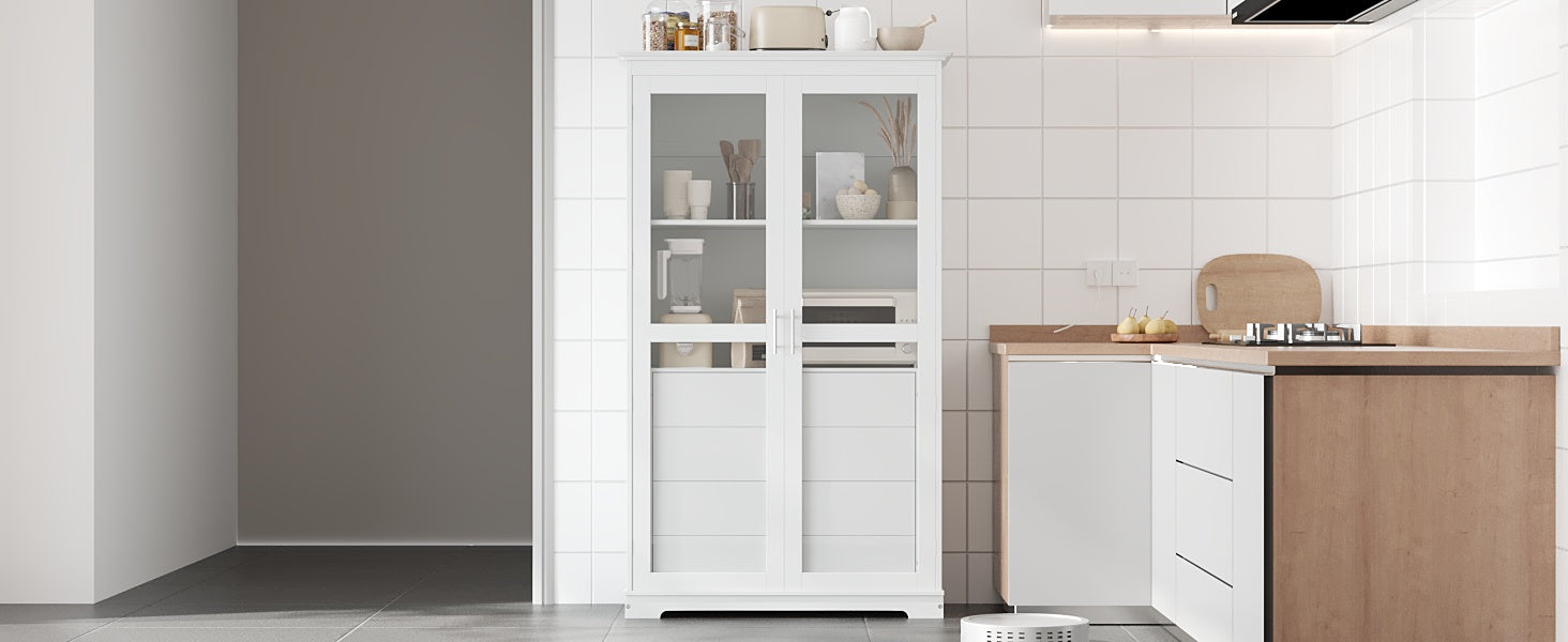 TOPMAX 44.7x20x75inch Kitchen Pantry, Freestanding Kitchen Storage Cabinet Display Cabinet with Glass Doors and 4 Built-in Drawers for Living Room, Home Office, White