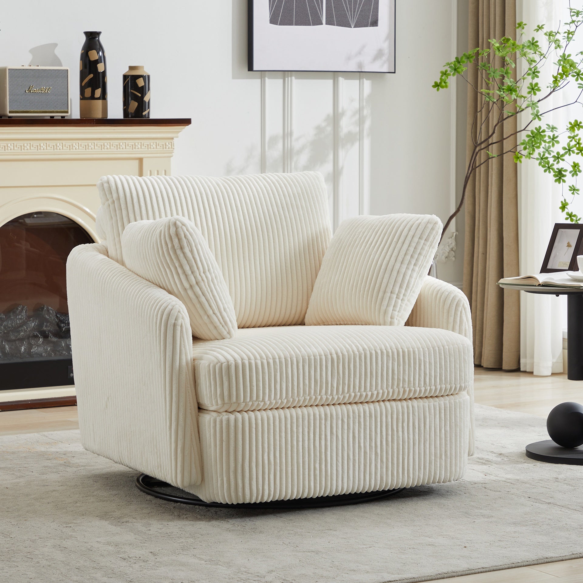 40.55''W Swivel Accent Chair With 2 Thorw Pillows 360 Degree Swivel Round Sofa Modern Oversized Arm Chair Cozy Club Chair for Bedroom Living Room Lounge Hotel, Ivory Corduroy