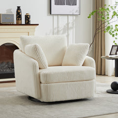40.55''W Swivel Accent Chair With 2 Thorw Pillows 360 Degree Swivel Round Sofa Modern Oversized Arm Chair Cozy Club Chair for Bedroom Living Room Lounge Hotel, Ivory Corduroy