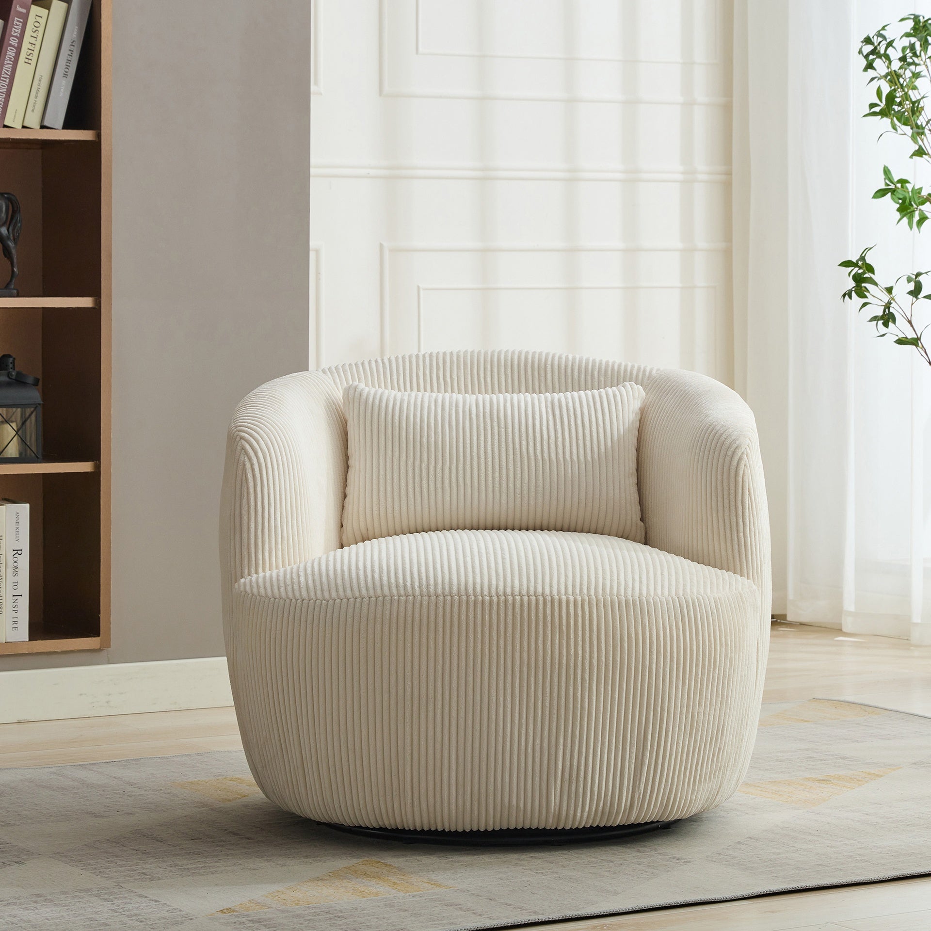 34.25 "Wide Upholstered Corduroy 360° Swivel Barrel Soft Accent Chair with Pillow, Circular Reading Armchair for Club, Living Room, Bedroom, Office, Lounge, Ivory.