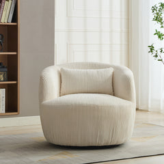 34.25 "Wide Upholstered Corduroy 360° Swivel Barrel Soft Accent Chair with Pillow, Circular Reading Armchair for Club, Living Room, Bedroom, Office, Lounge, Ivory.