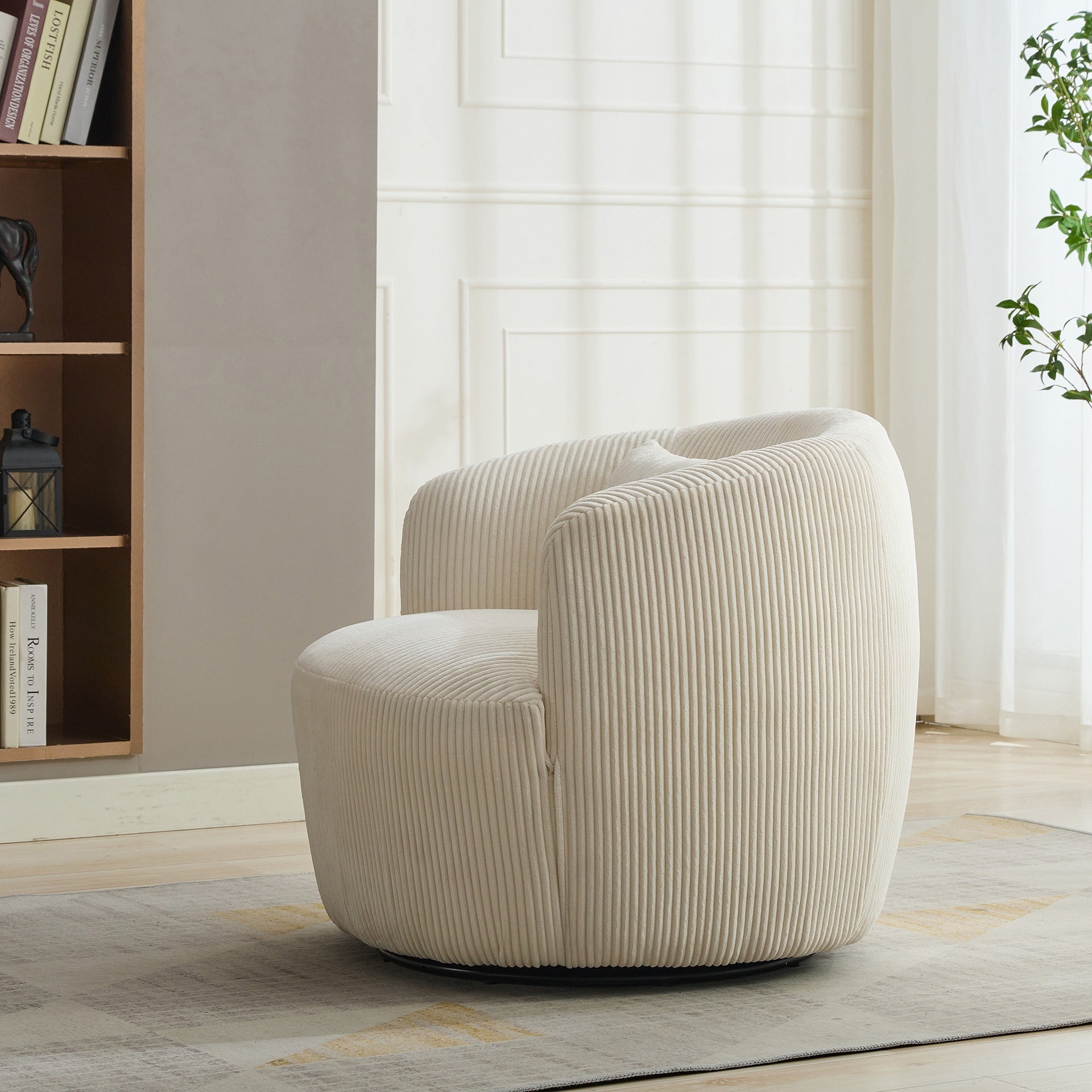 34.25 "Wide Upholstered Corduroy 360° Swivel Barrel Soft Accent Chair with Pillow, Circular Reading Armchair for Club, Living Room, Bedroom, Office, Lounge, Ivory.
