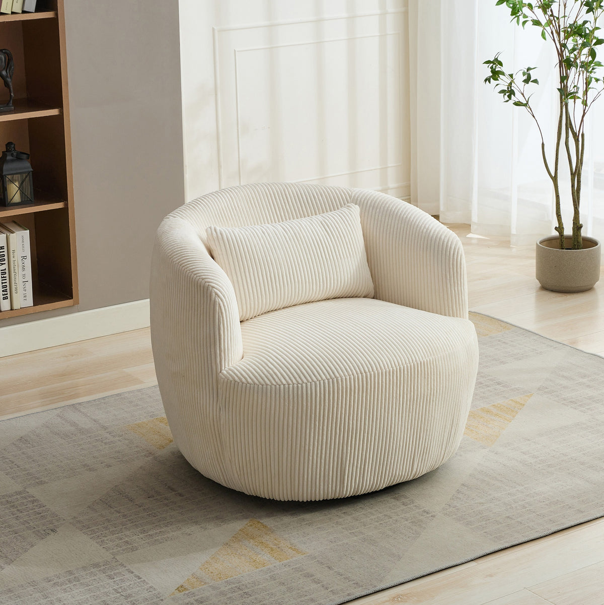 34.25 "Wide Upholstered Corduroy 360° Swivel Barrel Soft Accent Chair with Pillow, Circular Reading Armchair for Club, Living Room, Bedroom, Office, Lounge, Ivory.