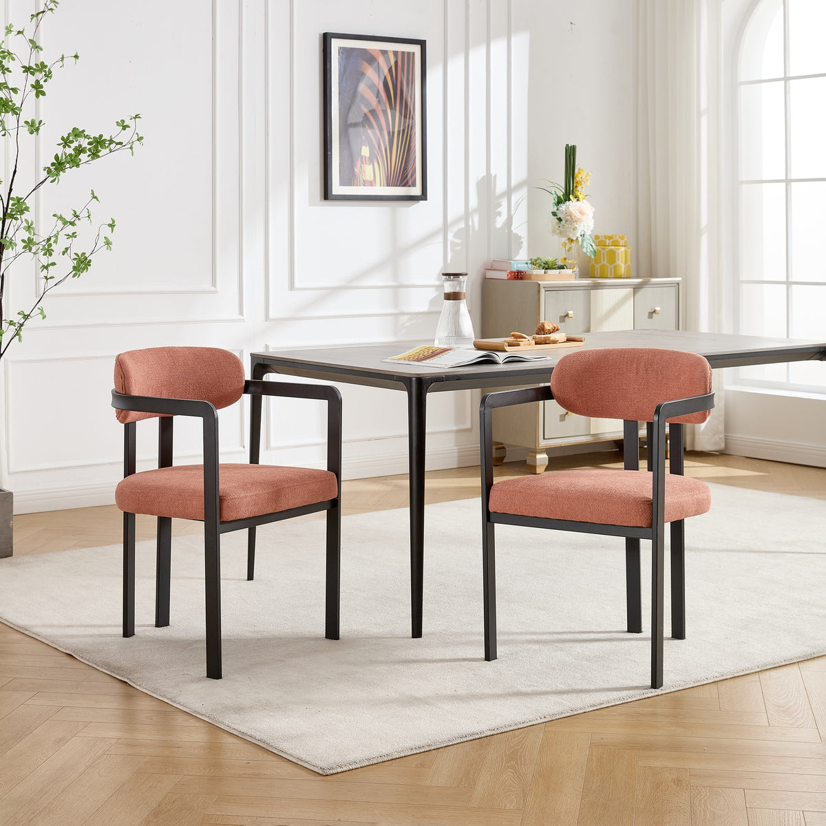 Modern Dining Room Chairs Set of 2, Mid-Century Upholstered Boucle Kitchen Dining Chairs with Black Metal Legs
