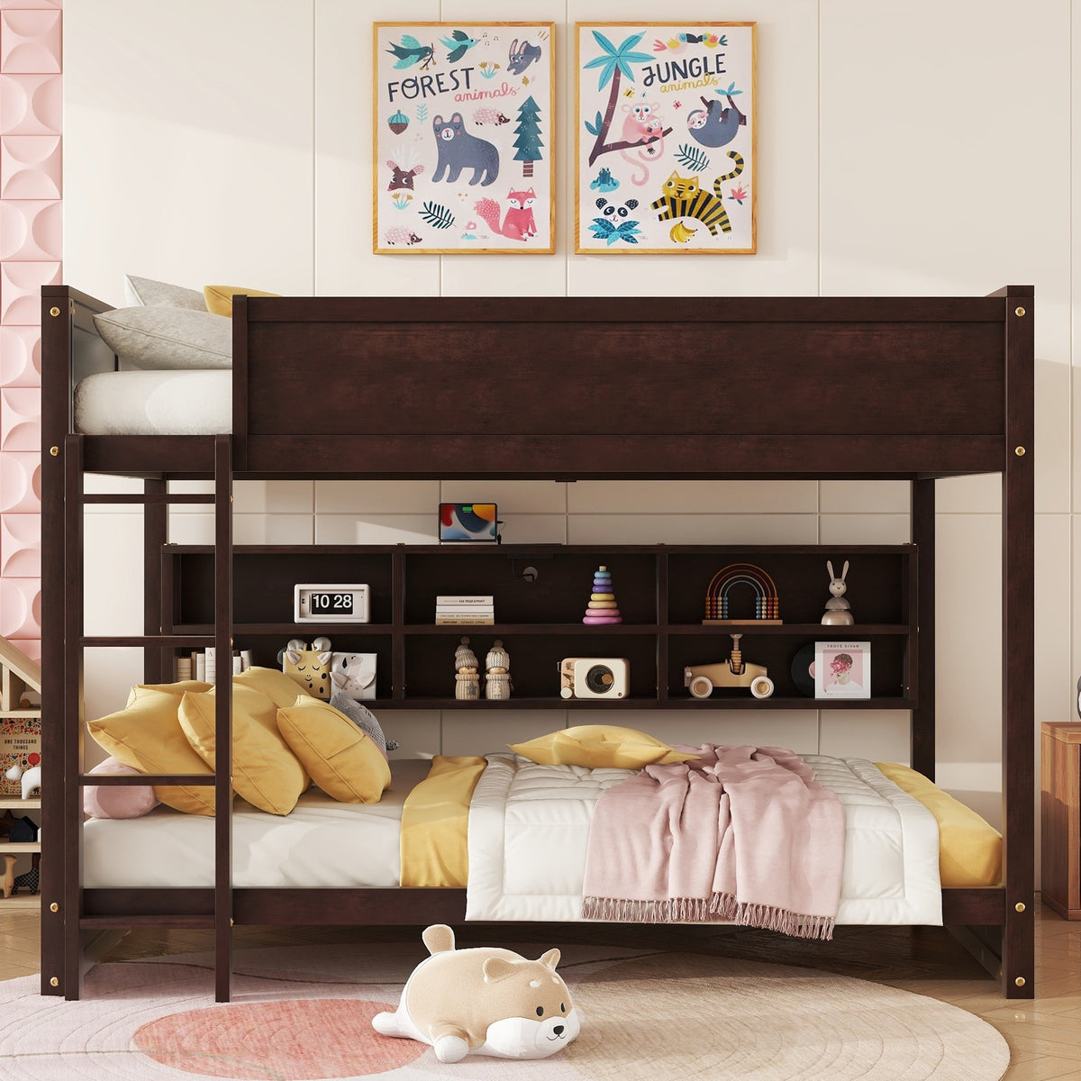 Queen Over Queen Bunk Bed with Built-in Storage Cabinets,Charging Station,Ladder,Safety Guardrails,Solid Pine Wood Bunk Bed,Brwon