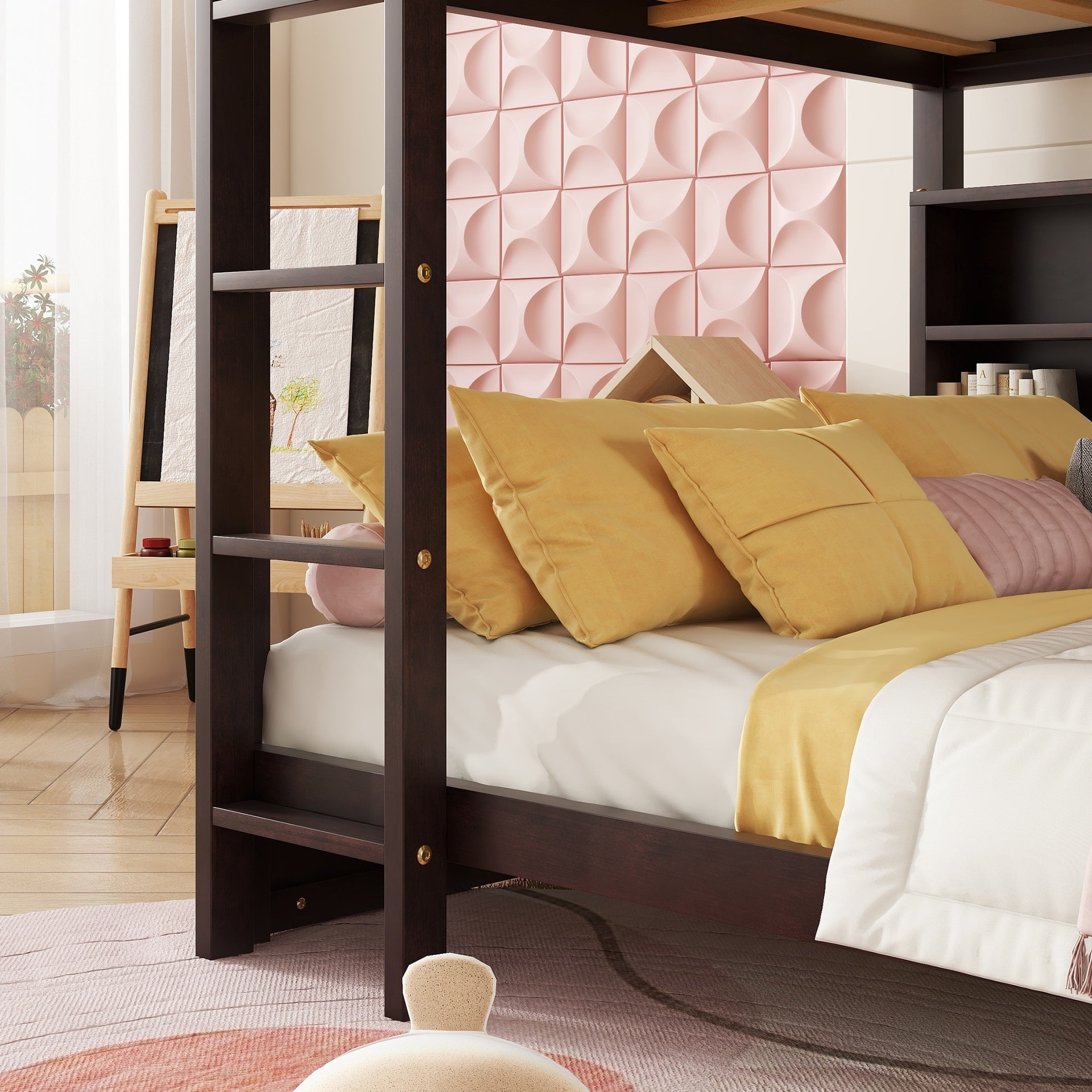 Queen Over Queen Bunk Bed with Built-in Storage Cabinets,Charging Station,Ladder,Safety Guardrails,Solid Pine Wood Bunk Bed,Brwon