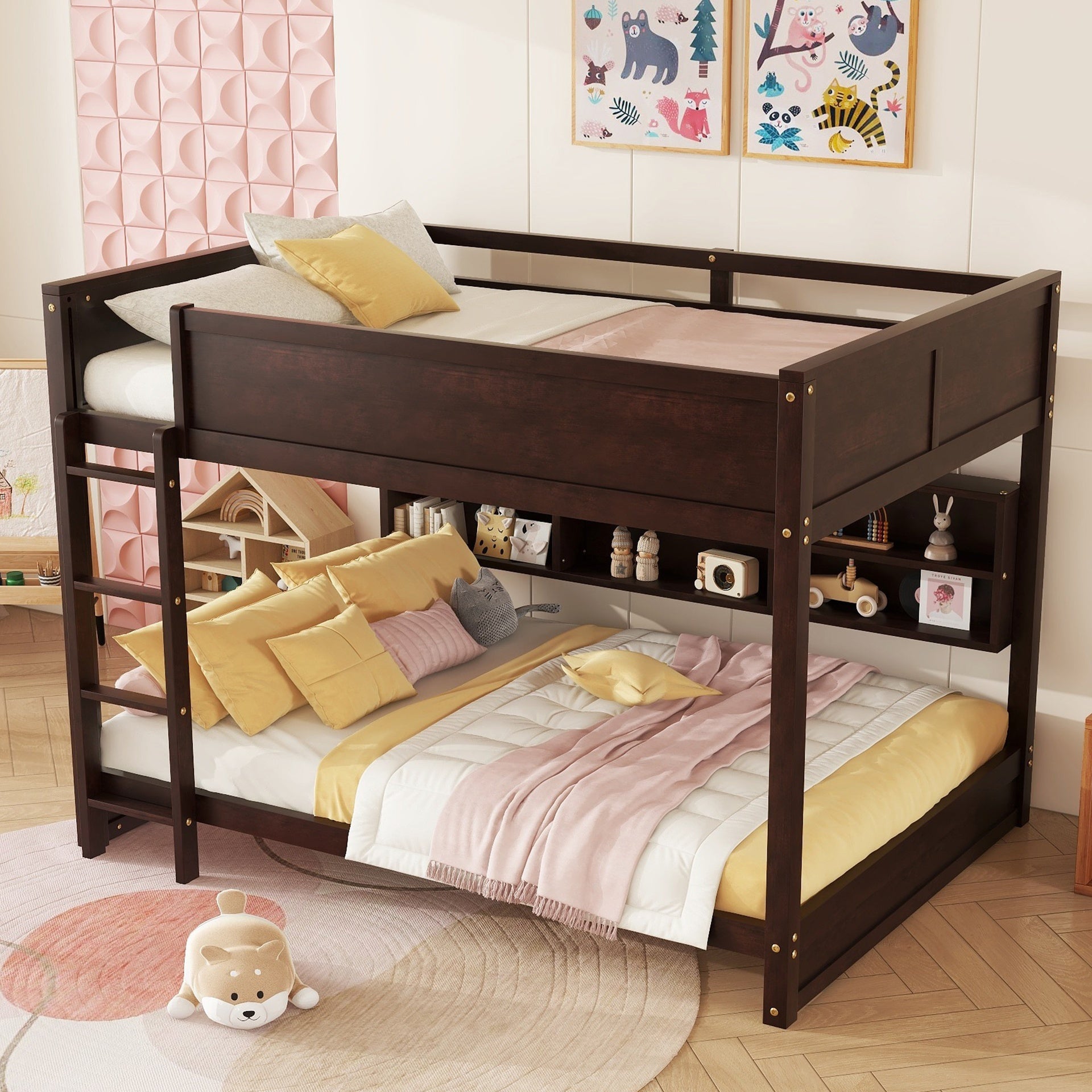 Queen Over Queen Bunk Bed with Built-in Storage Cabinets,Charging Station,Ladder,Safety Guardrails,Solid Pine Wood Bunk Bed,Brwon