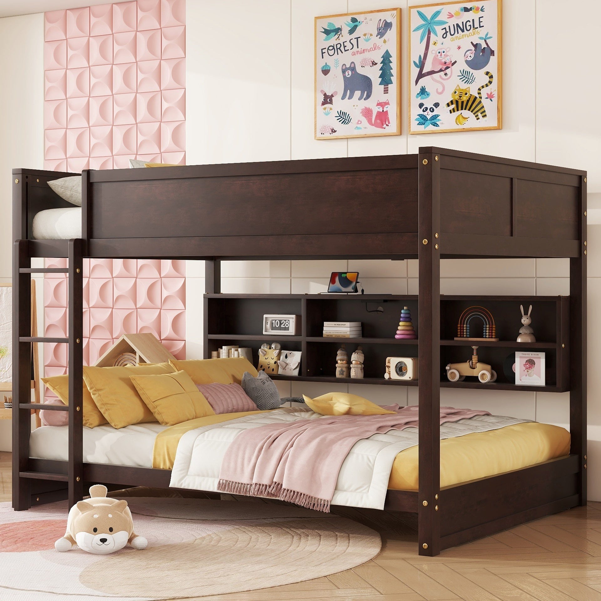 Queen Over Queen Bunk Bed with Built-in Storage Cabinets,Charging Station,Ladder,Safety Guardrails,Solid Pine Wood Bunk Bed,Brwon