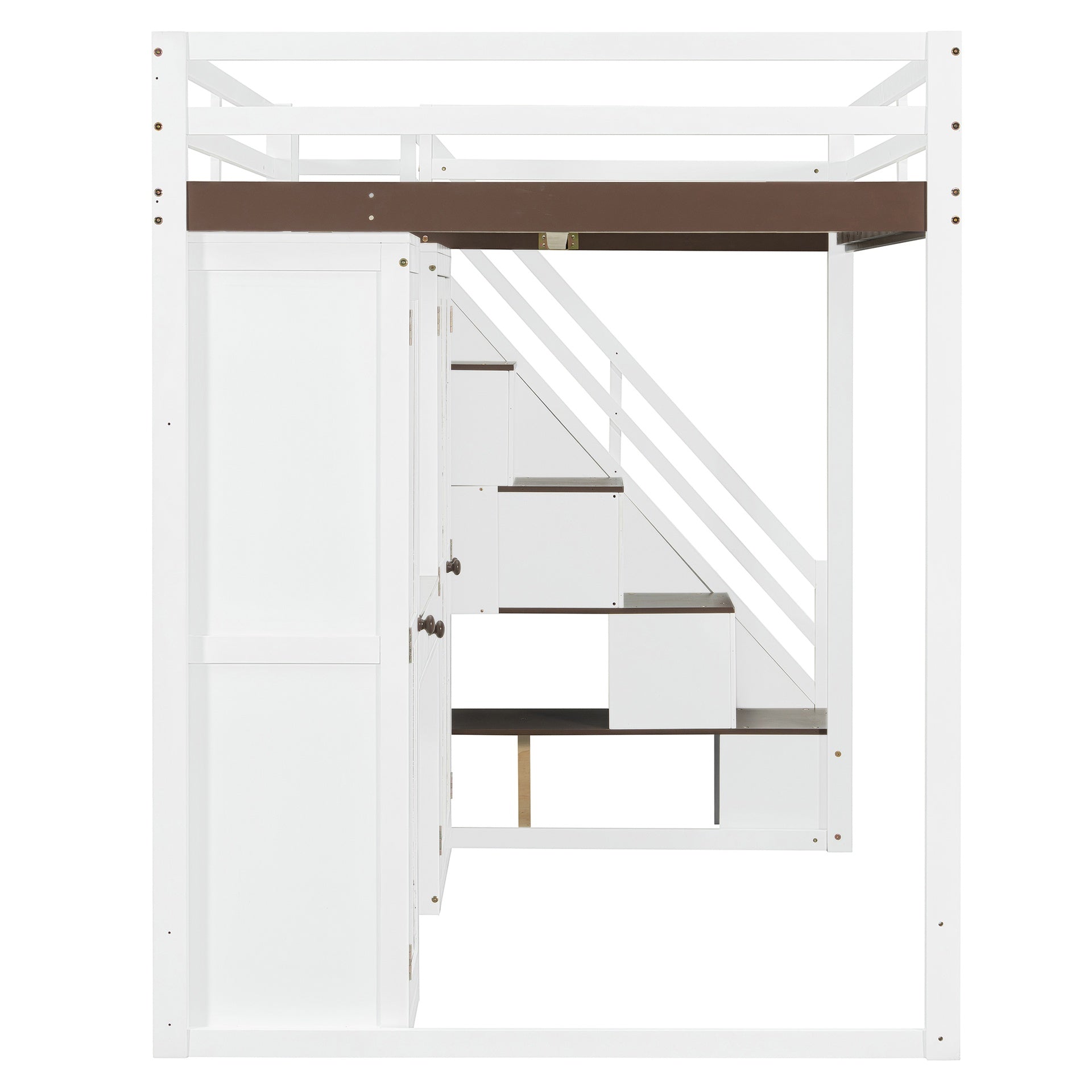 Full Size Loft Bed with Storage Staircase,Built-In Dressing Table with Mirror and Drawer, Wardrobe & Cabinets, USB Charging Ports and Lights, White+Brown