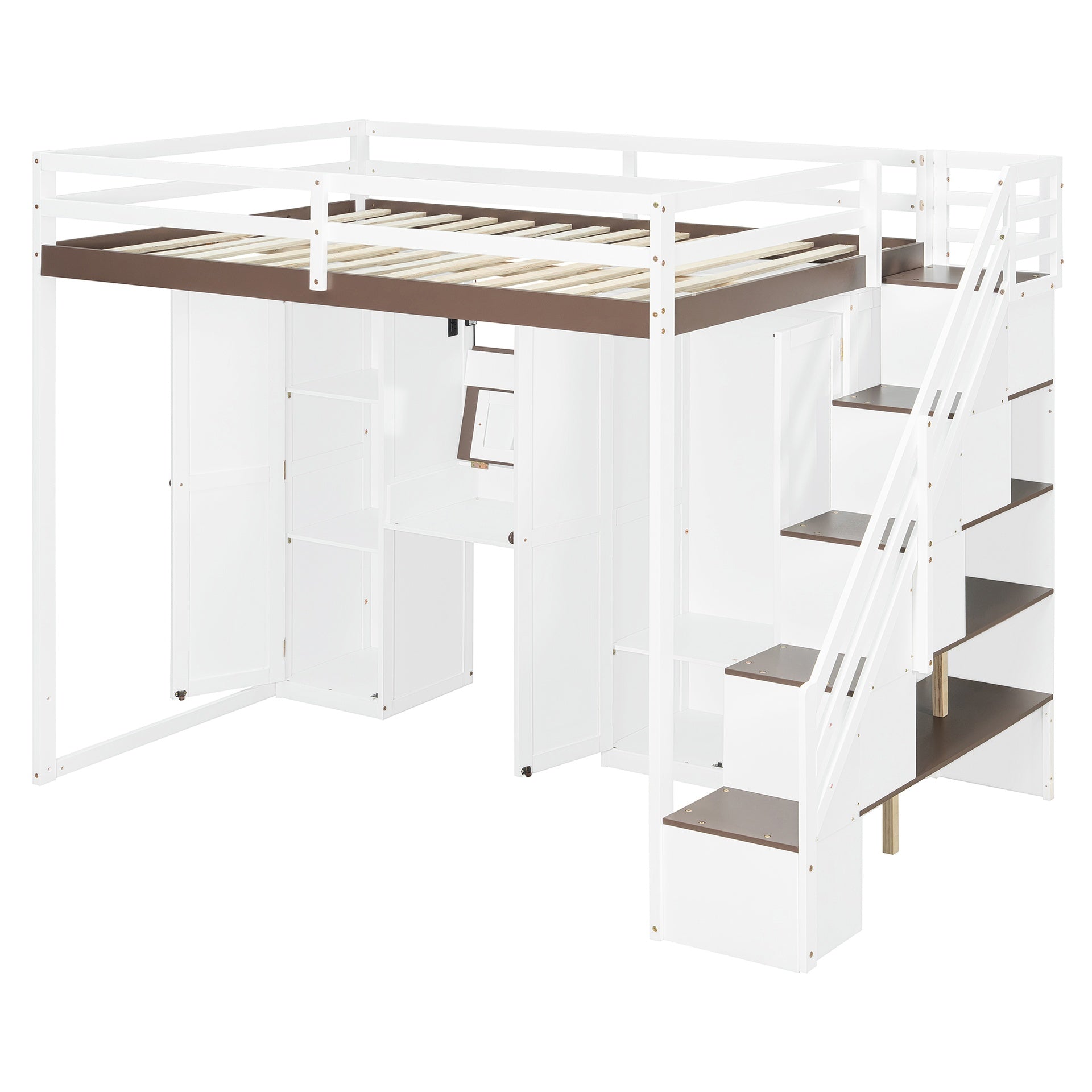 Full Size Loft Bed with Storage Staircase,Built-In Dressing Table with Mirror and Drawer, Wardrobe & Cabinets, USB Charging Ports and Lights, White+Brown