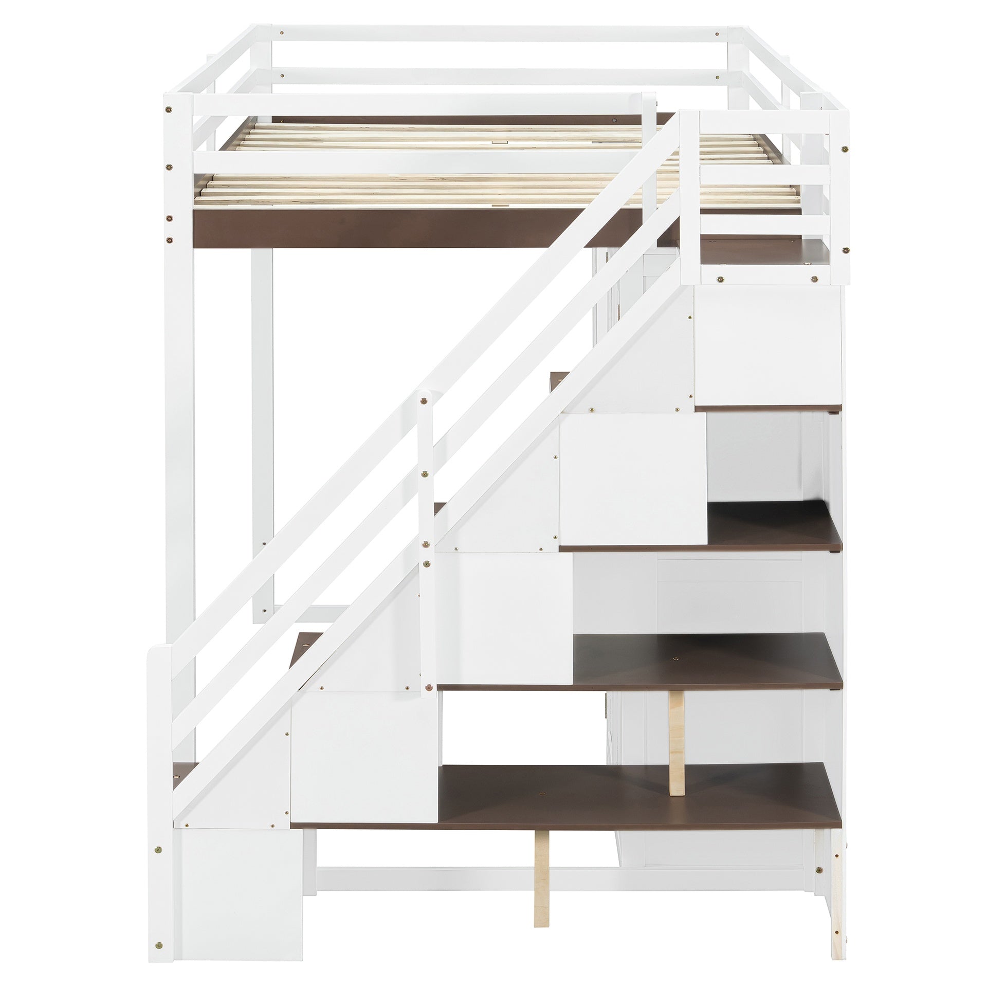 Full Size Loft Bed with Storage Staircase,Built-In Dressing Table with Mirror and Drawer, Wardrobe & Cabinets, USB Charging Ports and Lights, White+Brown