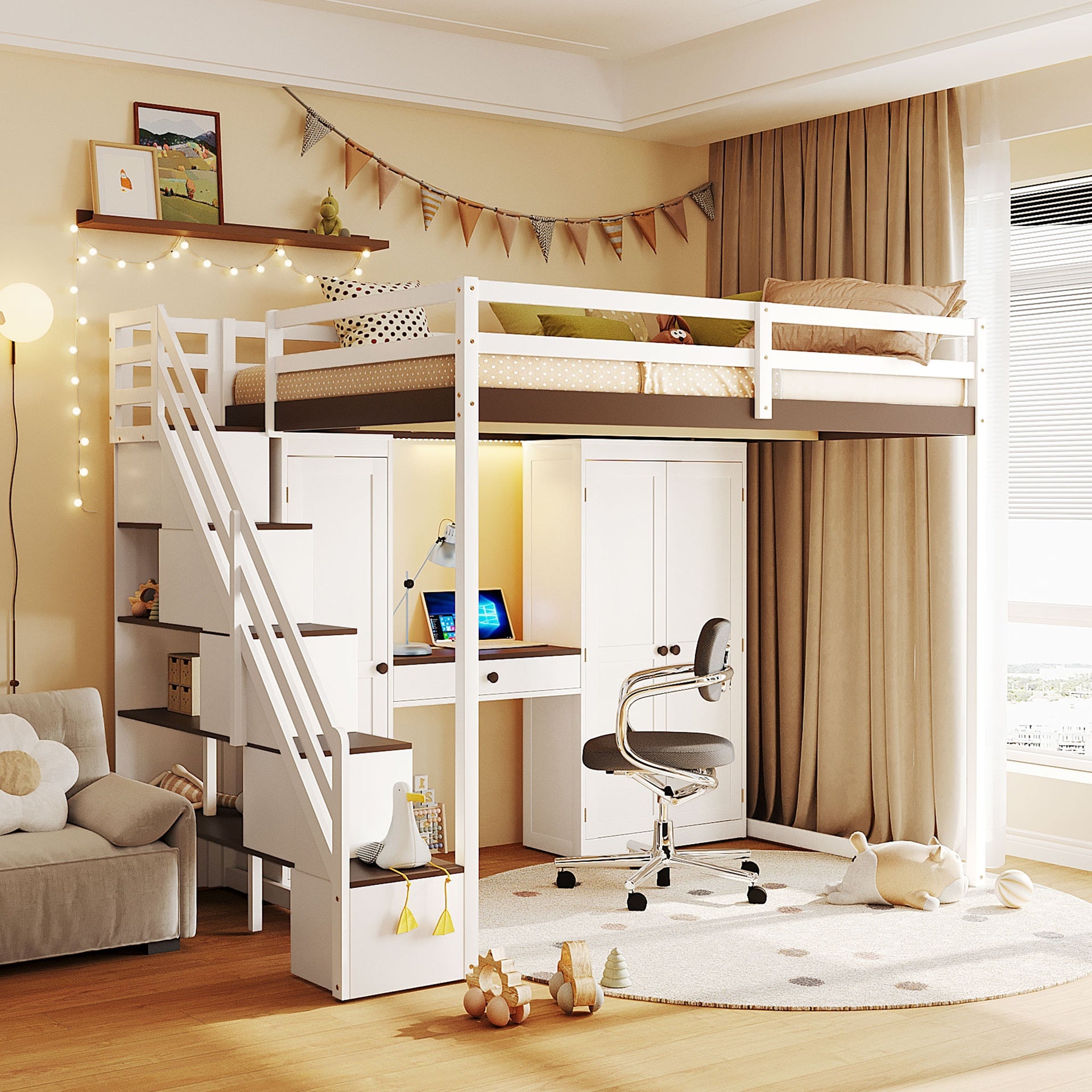 Full Size Loft Bed with Storage Staircase,Built-In Dressing Table with Mirror and Drawer, Wardrobe & Cabinets, USB Charging Ports and Lights, White+Brown