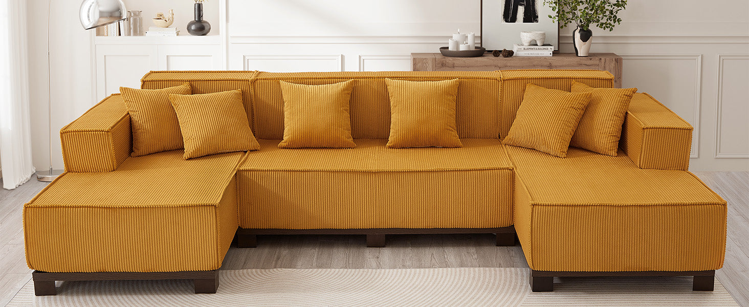 Modern U-Shaped Sectional Sofa 130" Sectional Sofa Upholstered Sofa with RGB LED Light Strip and 6 Pillows for Living Room, Orange