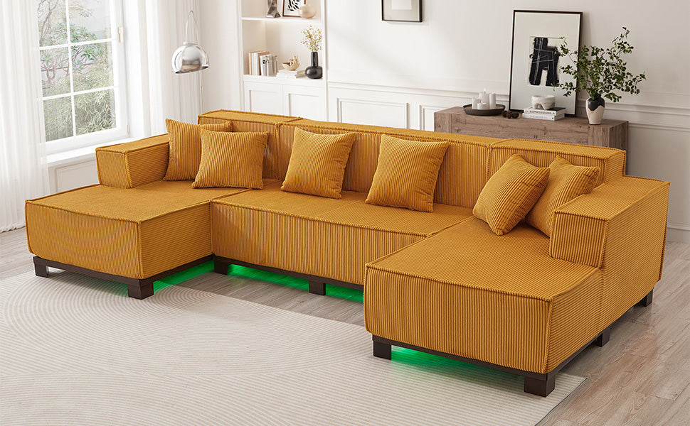 Modern U-Shaped Sectional Sofa 130" Sectional Sofa Upholstered Sofa with RGB LED Light Strip and 6 Pillows for Living Room, Orange