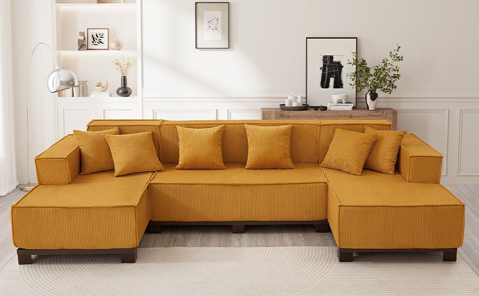 Modern U-Shaped Sectional Sofa 130" Sectional Sofa Upholstered Sofa with RGB LED Light Strip and 6 Pillows for Living Room, Orange