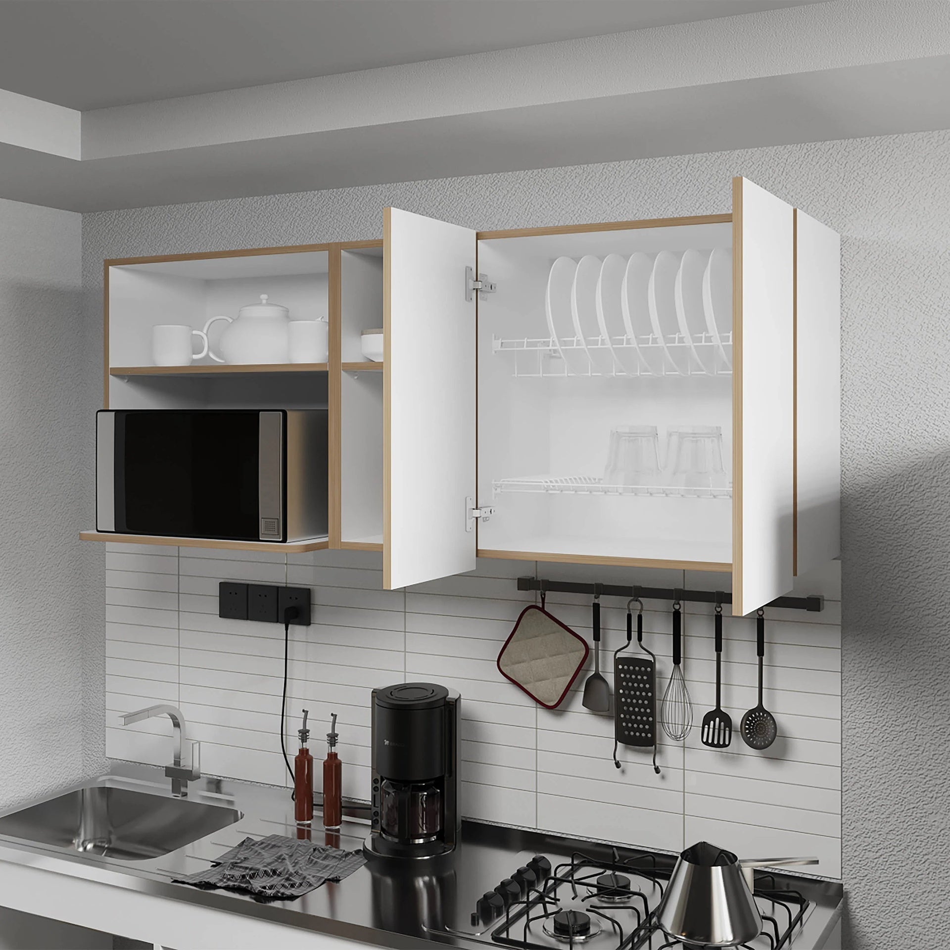 Natural Oak and White Kitchen Cabinet with Microwave Space and Open Shelf