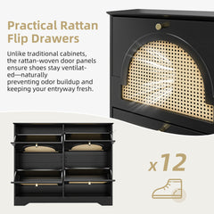 Mid-Century Narrow Design Tipping Bucket Shoe Cabinet with 4 Flip Drawers, Elegant Entryway Shoe Organizer with 4 Rattan Doors, Freestanding Shoe Rack with 2 Silvery Hooks for Hallway, Black, 42.1"W