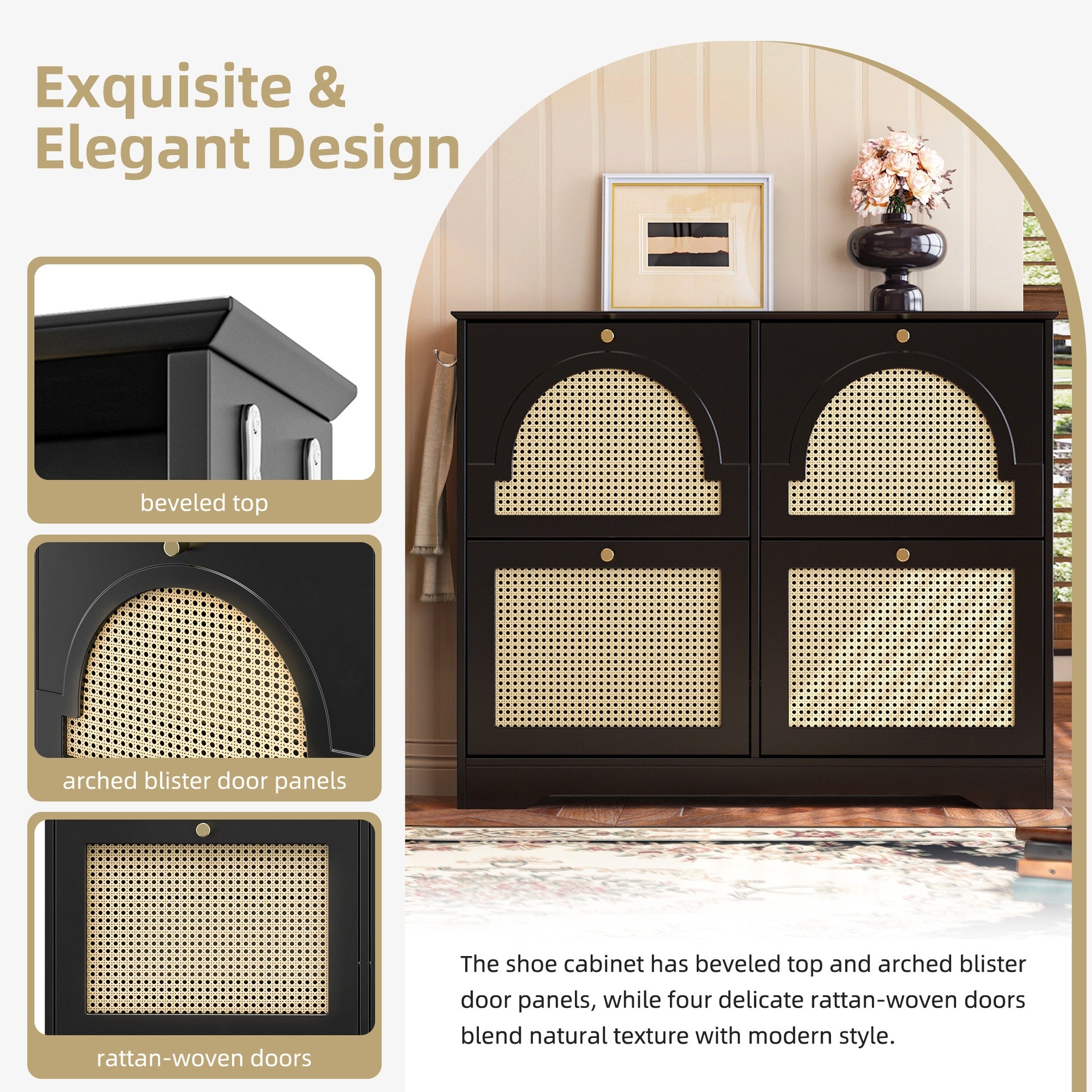 Mid-Century Narrow Design Tipping Bucket Shoe Cabinet with 4 Flip Drawers, Elegant Entryway Shoe Organizer with 4 Rattan Doors, Freestanding Shoe Rack with 2 Silvery Hooks for Hallway, Black, 42.1"W