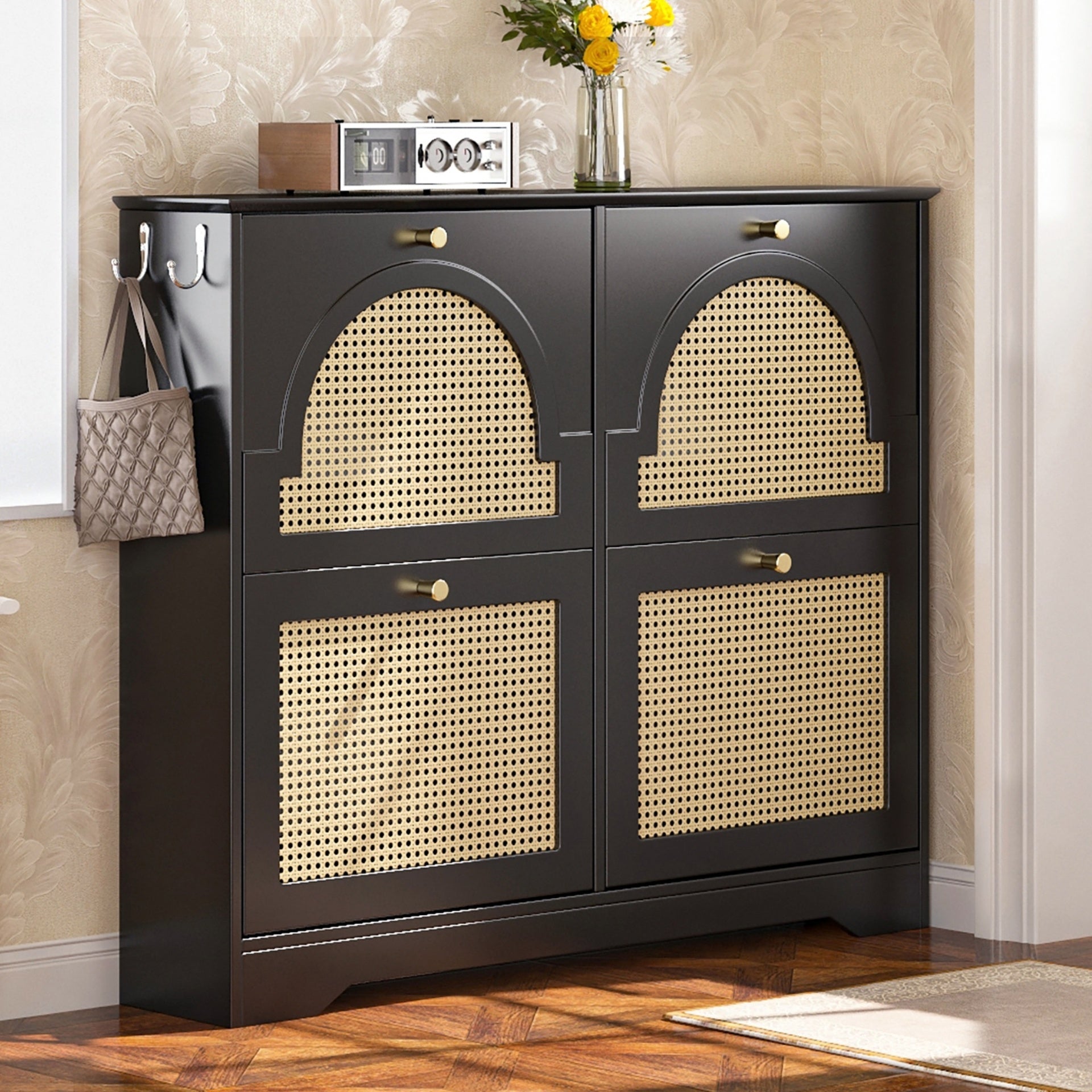 Mid-Century Narrow Design Tipping Bucket Shoe Cabinet with 4 Flip Drawers, Elegant Entryway Shoe Organizer with 4 Rattan Doors, Freestanding Shoe Rack with 2 Silvery Hooks for Hallway, Black, 42.1"W