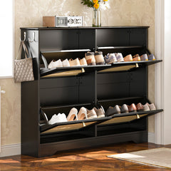 Mid-Century Narrow Design Tipping Bucket Shoe Cabinet with 4 Flip Drawers, Elegant Entryway Shoe Organizer with 4 Rattan Doors, Freestanding Shoe Rack with 2 Silvery Hooks for Hallway, Black, 42.1"W