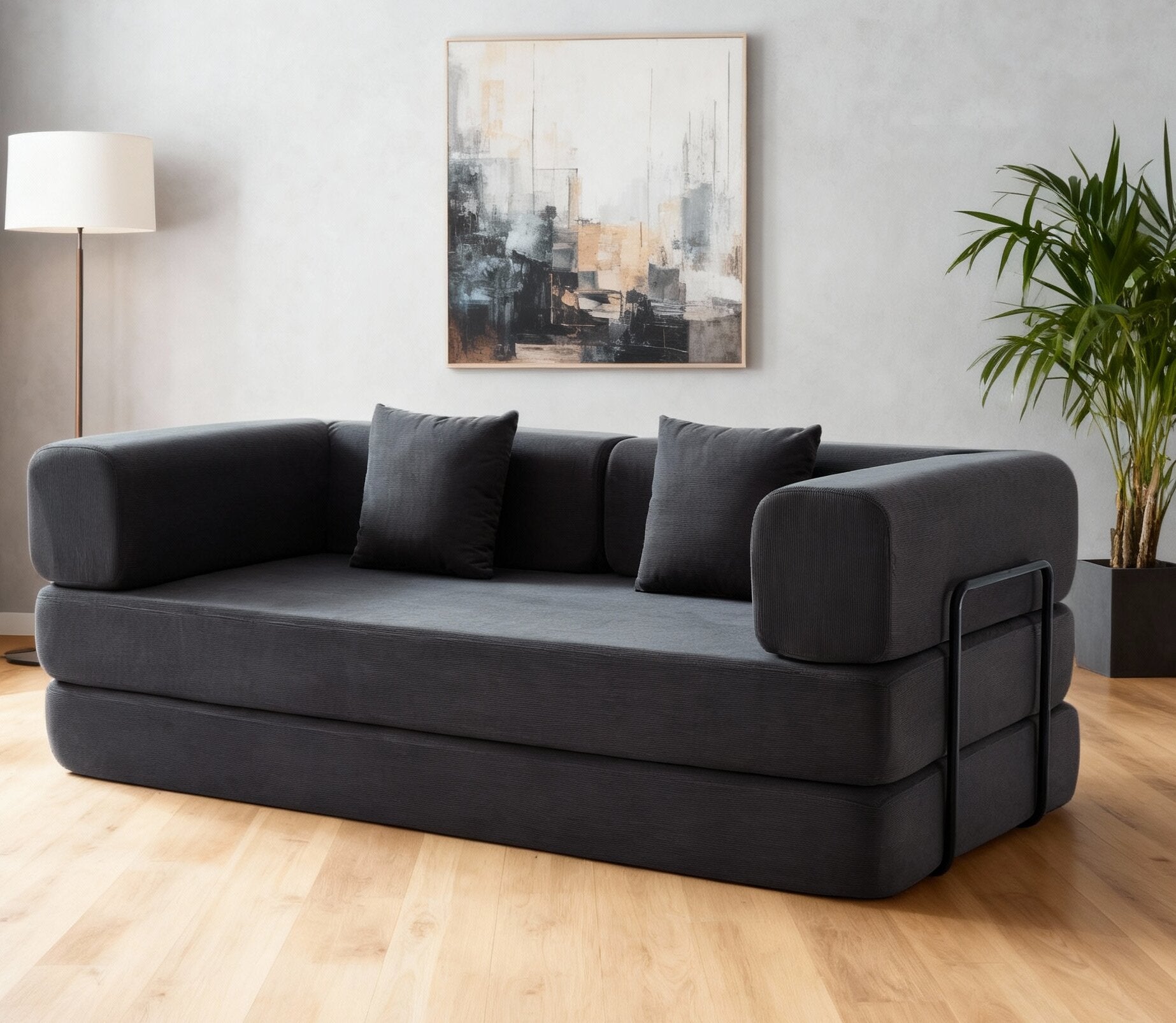 Convertible Sleeper Sofa Bed with Cylindrical Pillow, Corduroy Folding Mattress Couch with Fixed-Shape Frame, Floor Sofa Lounge Couch for Living Room Bedroom Lounge Studio (Grey)