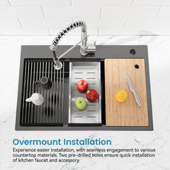 Stainless Steel Kitchen Sink, 30″x22″ Single Bowl, Overmount Handmade Sink in Black, with Cutting Board, Colander