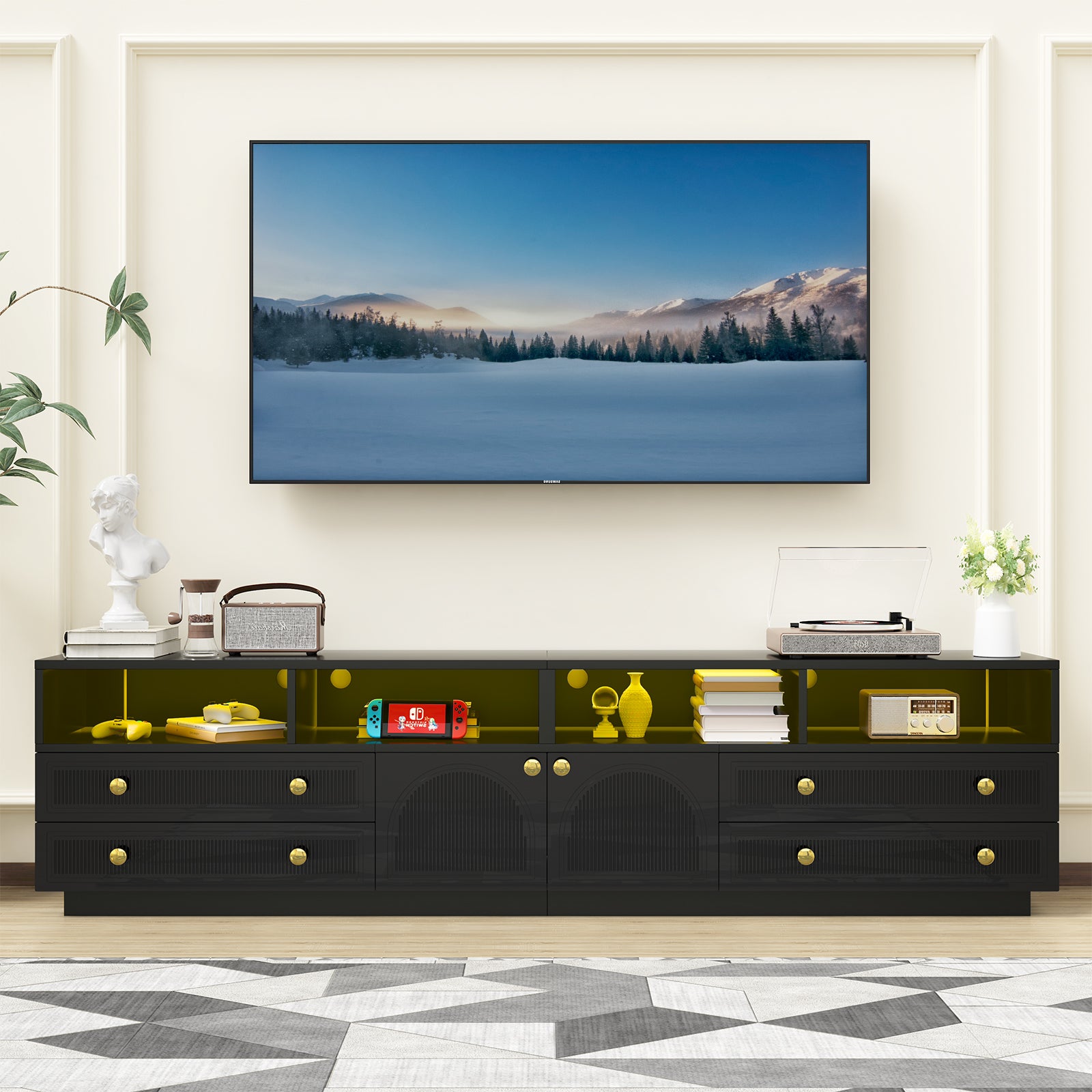 TV Stand for TVs up to 100", High-Gloss TV Entertainment Center with LED Lights and Storage for Living Room, Black