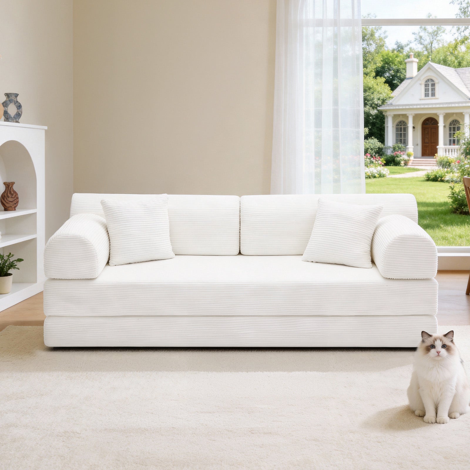 Convertible Sleeper Sofa Bed with Cylindrical Pillow, Corduroy Folding Mattress Couch with Fixed-Shape Frame, Floor Sofa Lounge Couch for Living Room Bedroom(Beige)